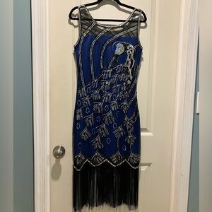 Elegant Blue and Black Sequined Peacock Fringe Dress